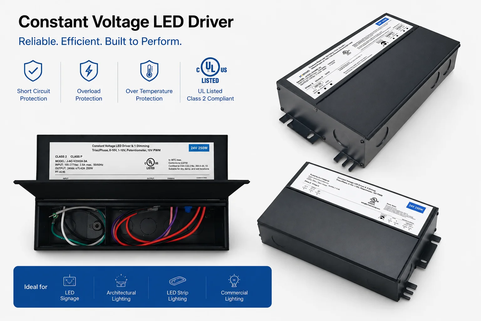 JLAC Series UL Listed 5-in-1 dimmable LED driver with integrated junction box