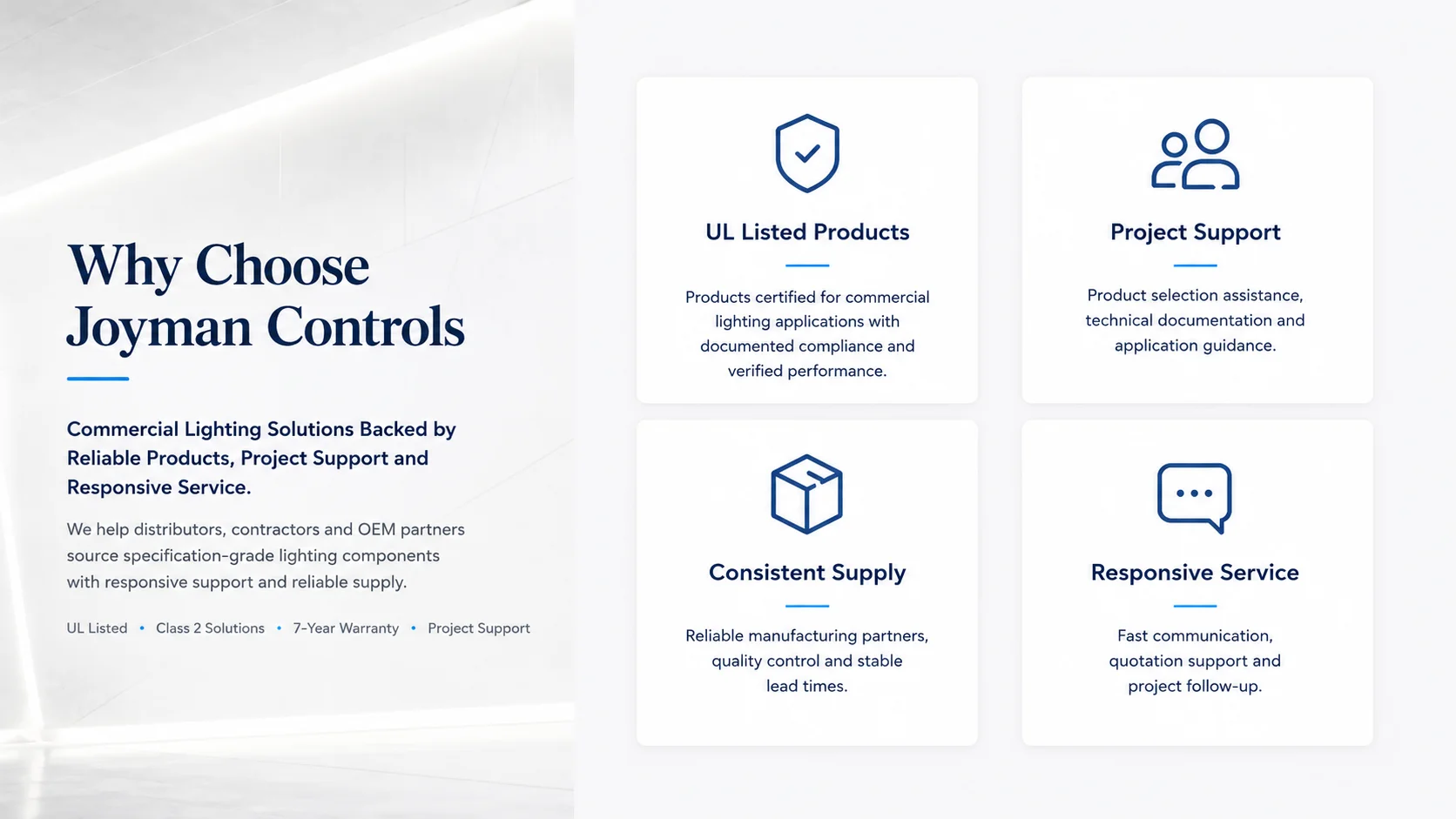 Why choose Joyman Controls: UL Listed products, project support, consistent supply, and responsive service